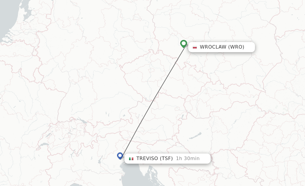 Flights from Wroclaw to Venice route map