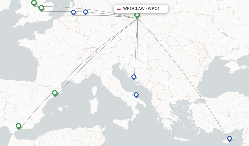 Route map with flights from Wroclaw with Wizz Air