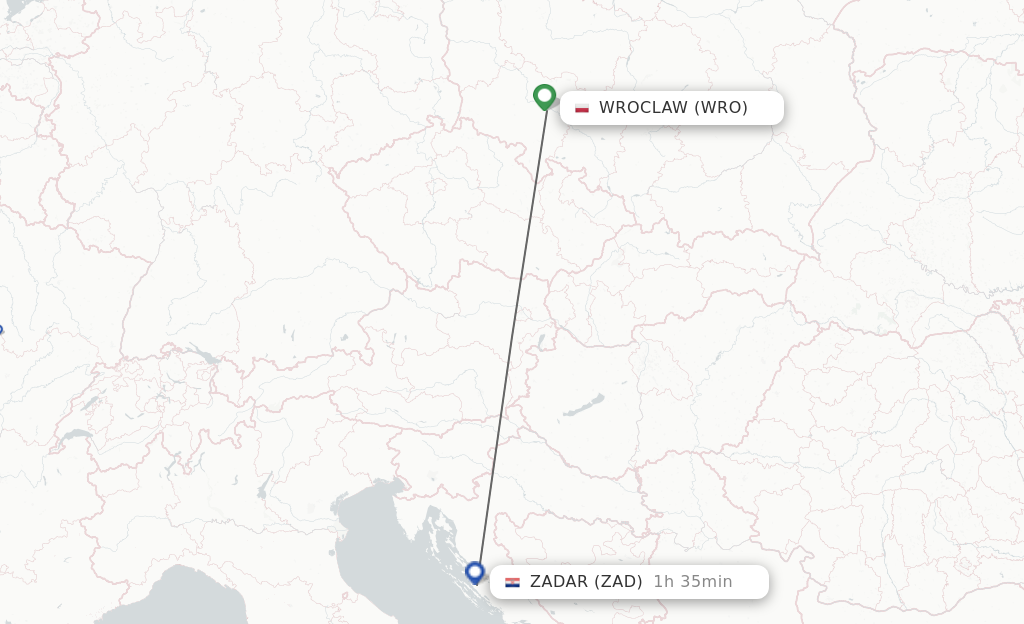 Flights from Wroclaw to Zadar route map