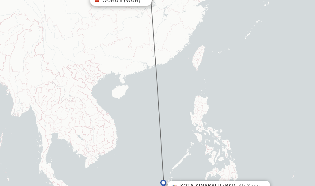 Flights from Wuhan to Kota Kinabalu route map