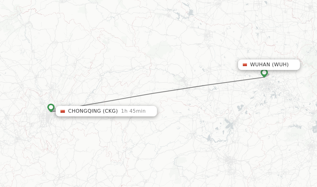 Flights from Wuhan to Chongqing route map