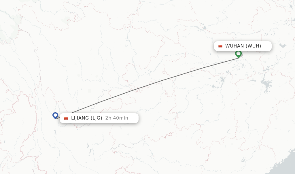 Flights from Wuhan to Lijiang route map