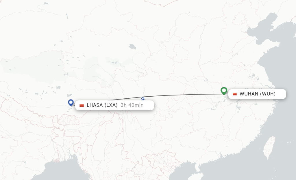 Flights from Wuhan to Lhasa/Lasa route map