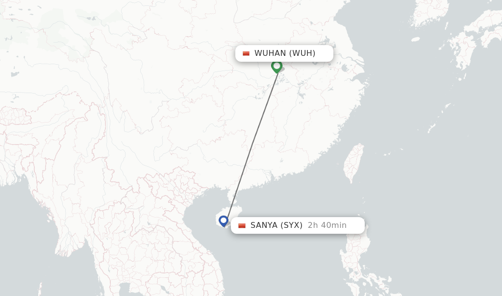 Flights from Wuhan to Sanya route map