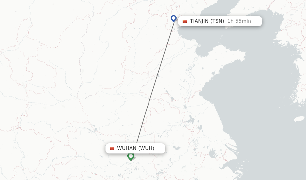 Flights from Wuhan to Tianjin route map