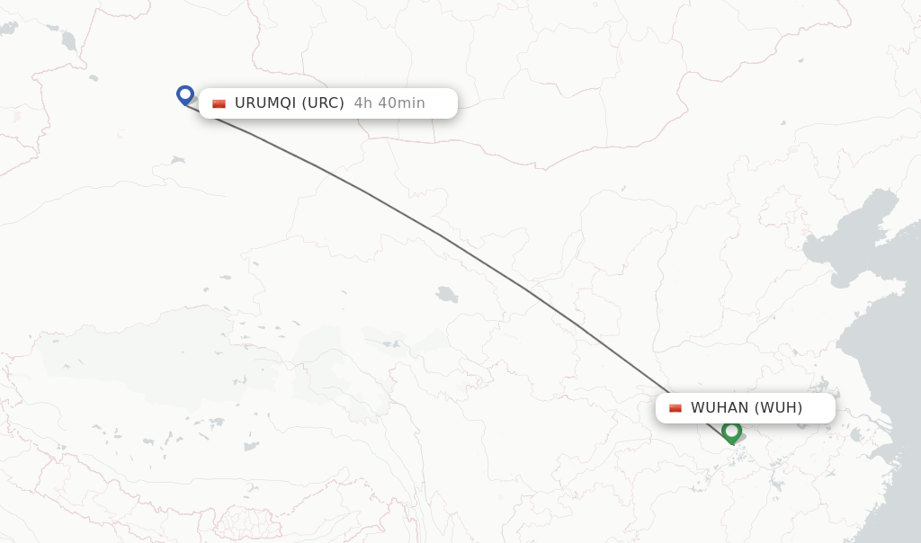Flights from Wuhan to Urumqi route map