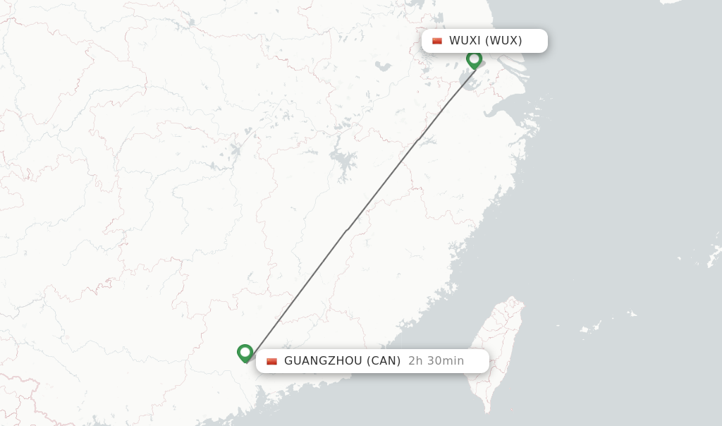 Flights from Wuxi to Guangzhou route map