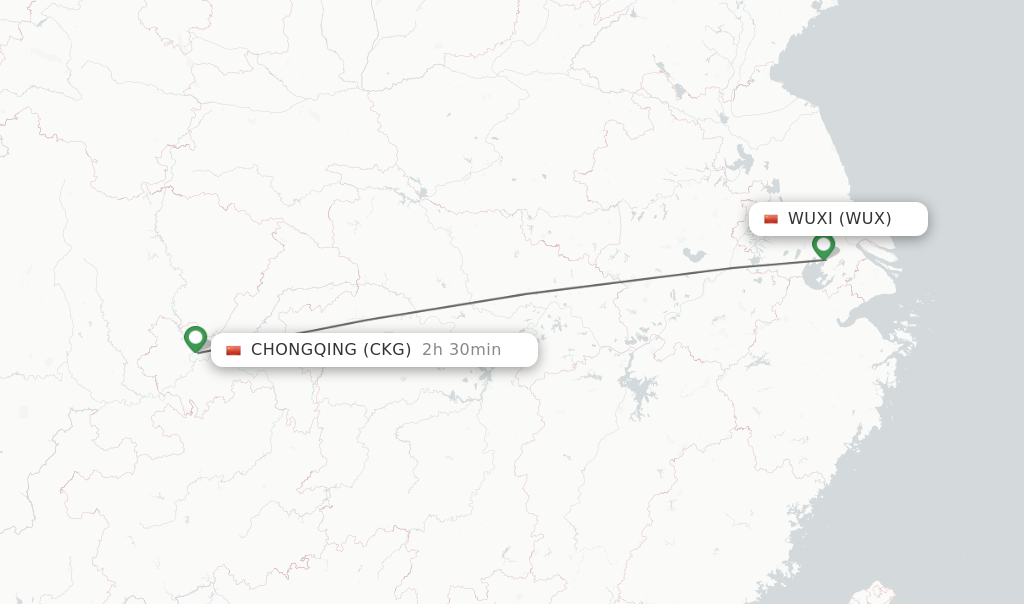 Flights from Wuxi to Chongqing route map