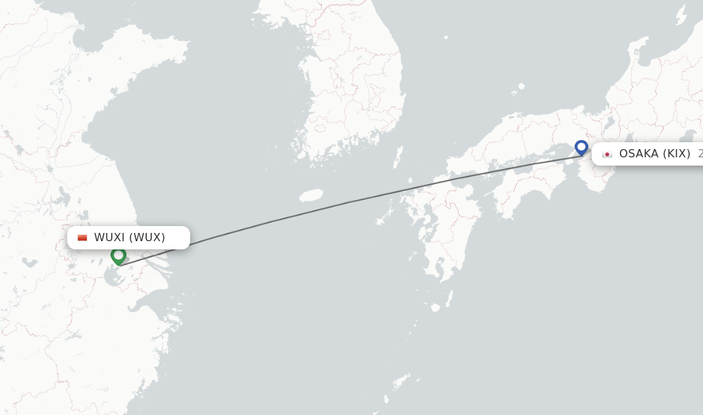 Flights from Wuxi to Osaka route map
