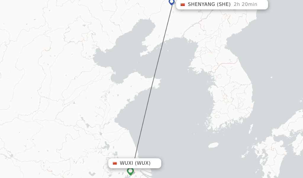 Flights from Wuxi to Shenyang route map