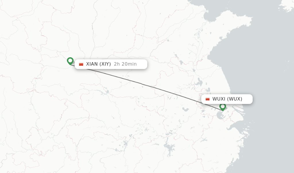 Flights from Wuxi to Xian route map