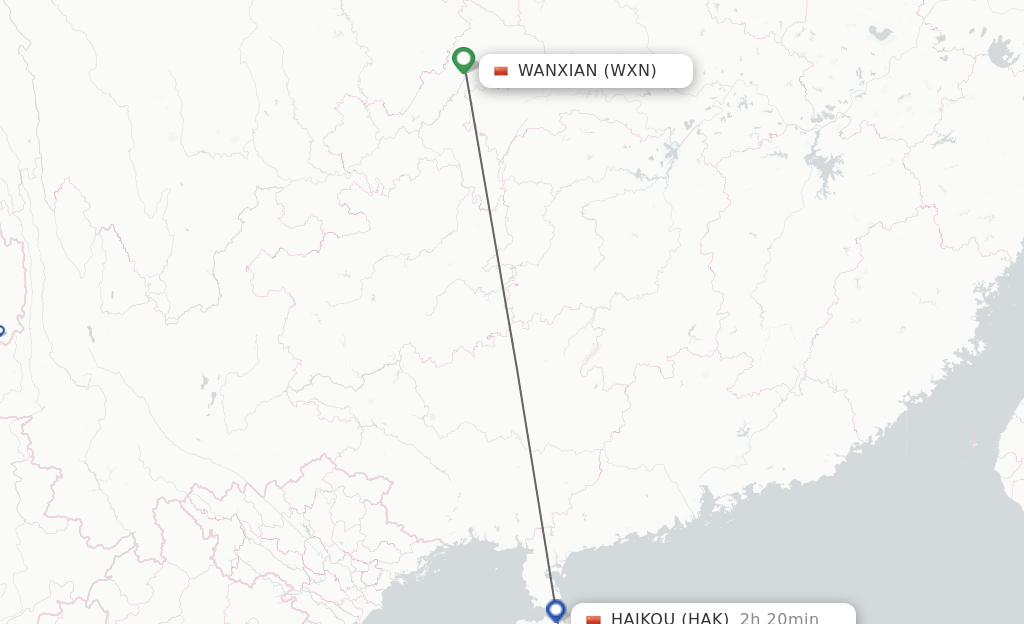 Flights from Wanxian to Haikou route map
