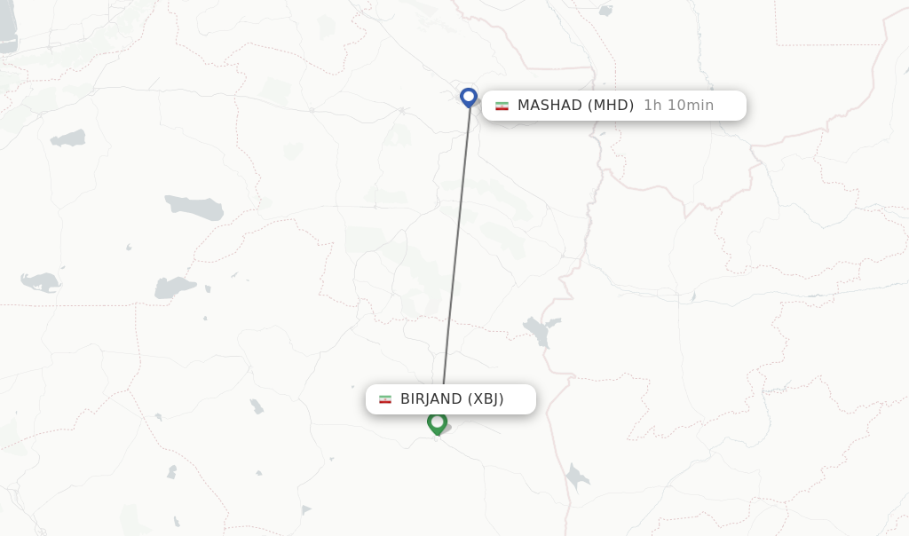 Flights from Birjand to Mashad route map