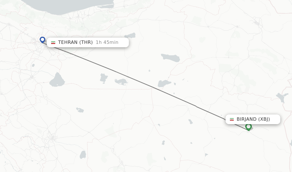 Flights from Birjand to Tehran route map