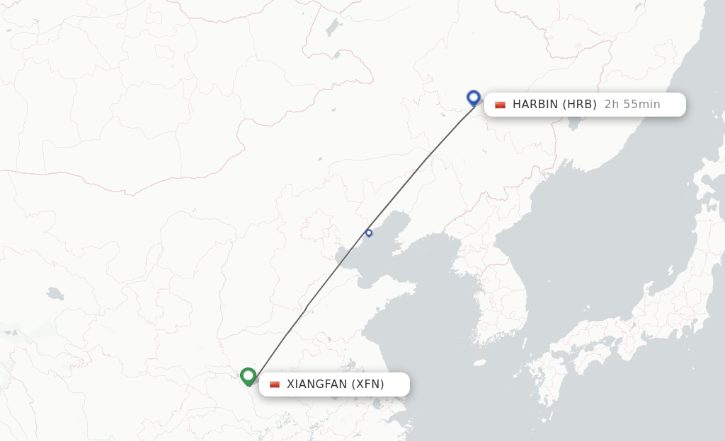 Flights from Xiangyang to Harbin route map