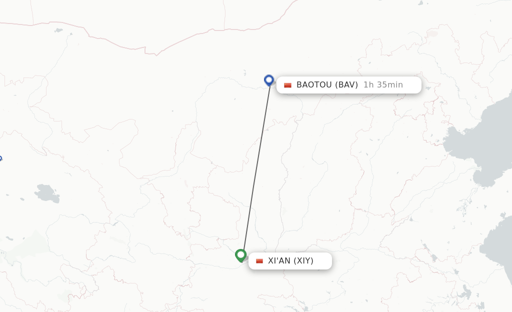 Flights from Xian to Baotou route map