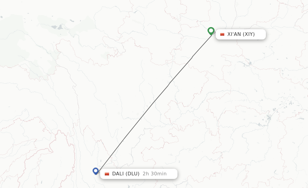 Flights from Xian to Dali City route map