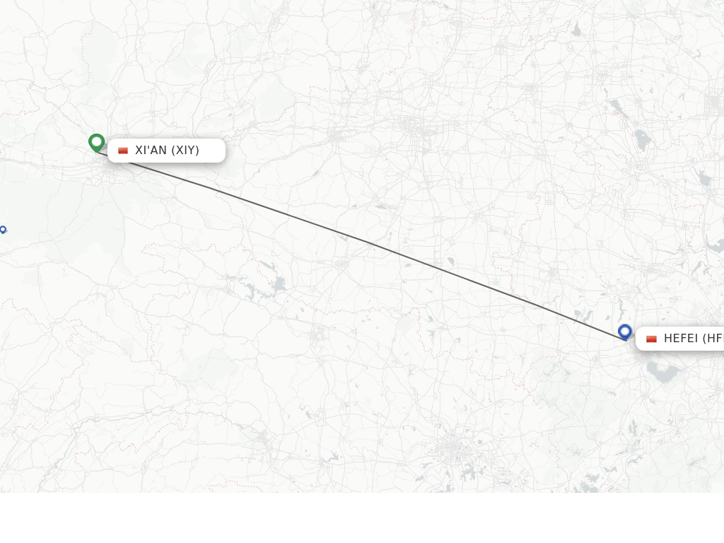 Flights from Xian to Hefei route map