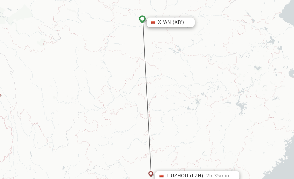 Flights from Xian to Liuzhou route map