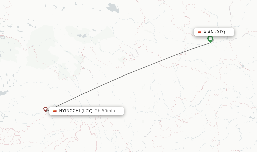 Flights from Xian to Nyingchi route map