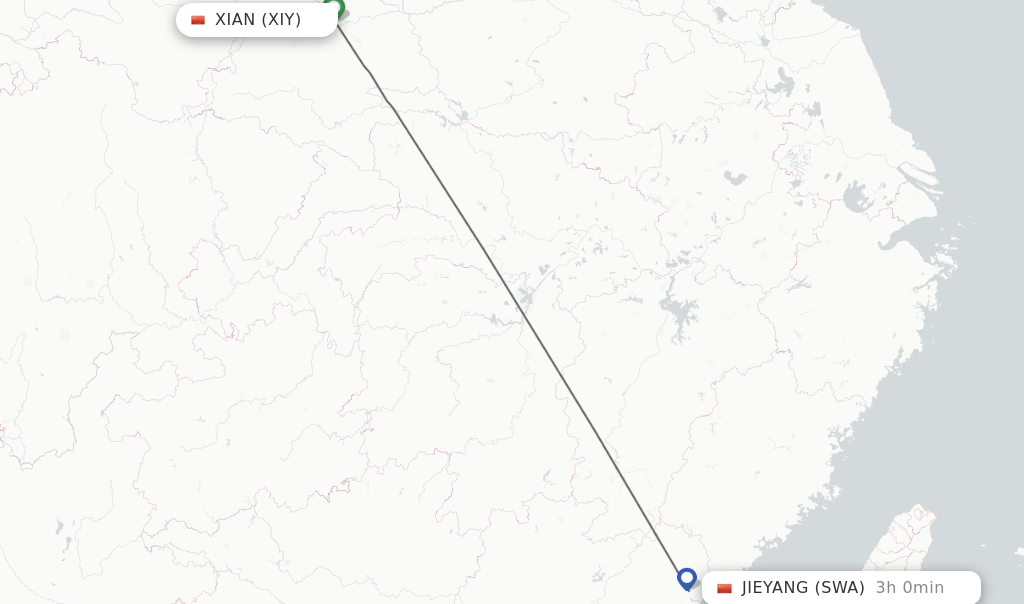 Flights from Xian to Jieyang route map