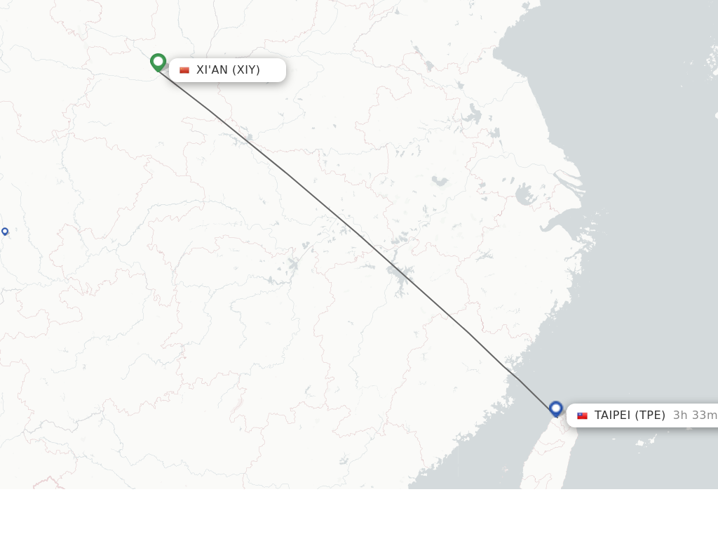 Flights from Xian to Taipei route map