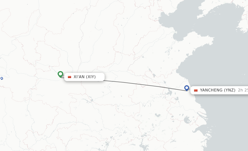 Flights from Xian to Yancheng route map