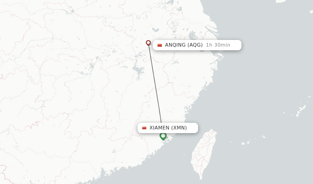 Flights from Xiamen to Anqing route map