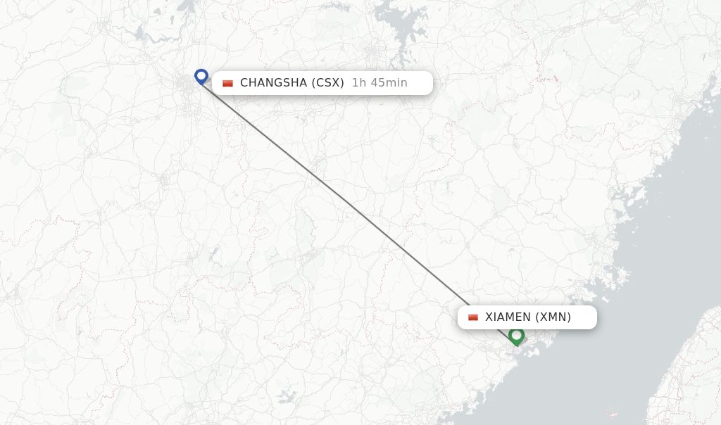 Flights from Xiamen to Changsha route map
