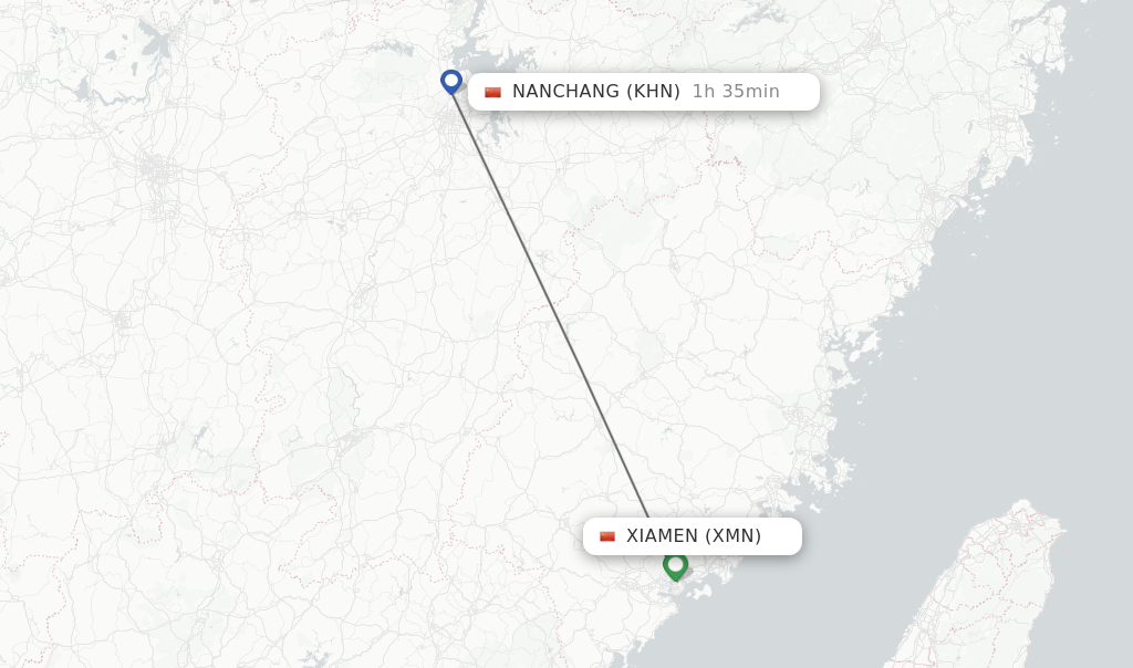 Flights from Xiamen to Nanchang route map