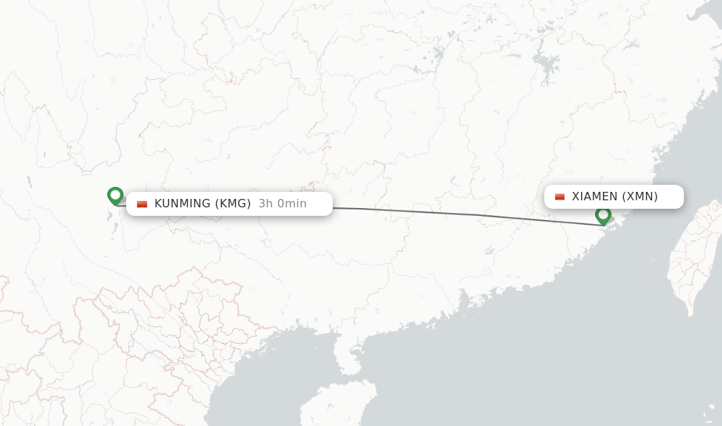 Flights from Xiamen to Kunming route map