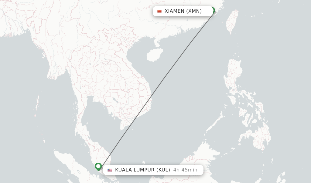 Flights from Xiamen to Kuala Lumpur route map