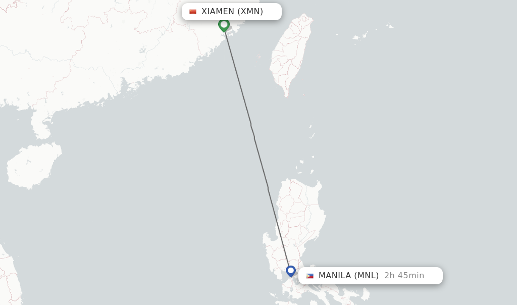 Flights from Xiamen to Manila route map