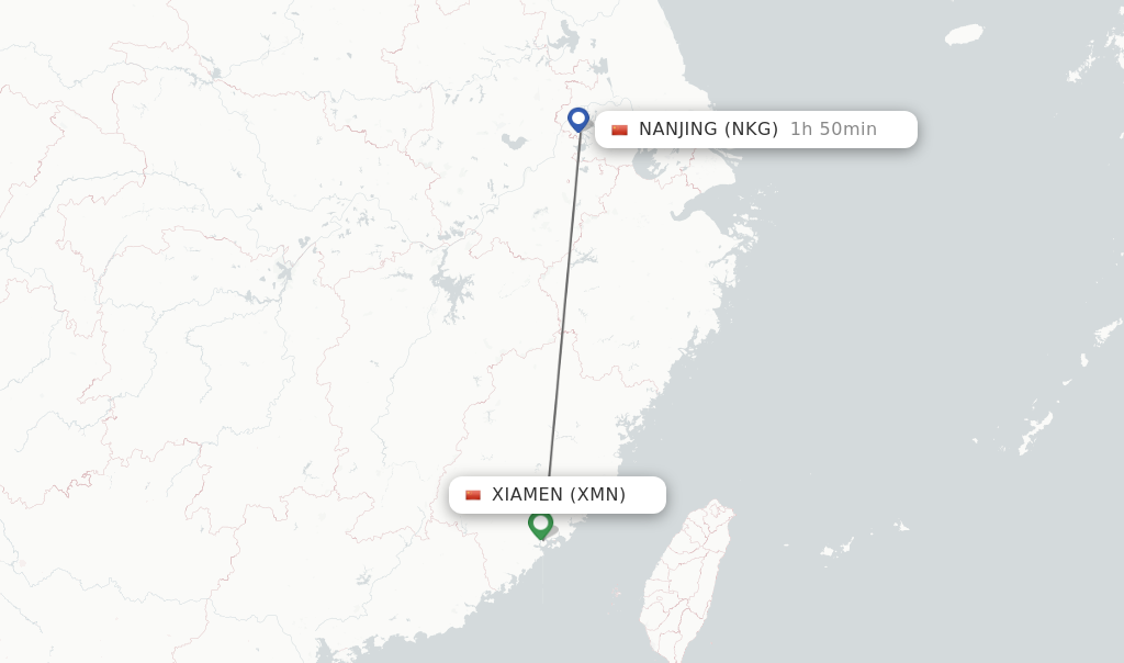 Flights from Xiamen to Nanjing route map