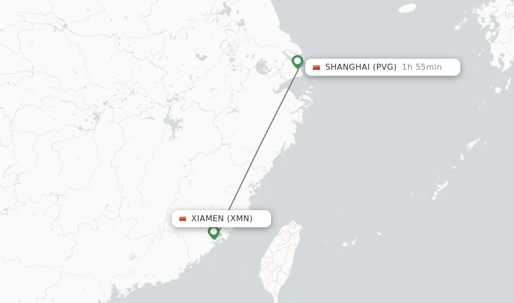 Flights from Xiamen to Shanghai route map