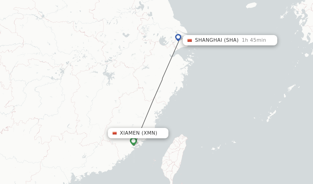 Flights from Xiamen to Shanghai route map