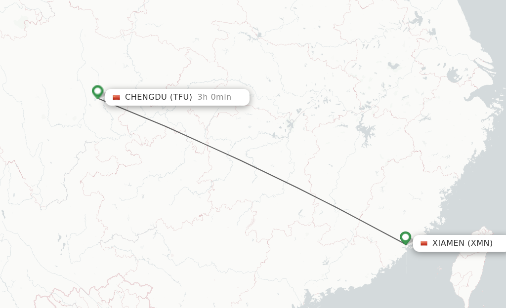Flights from Xiamen to Chengdu route map