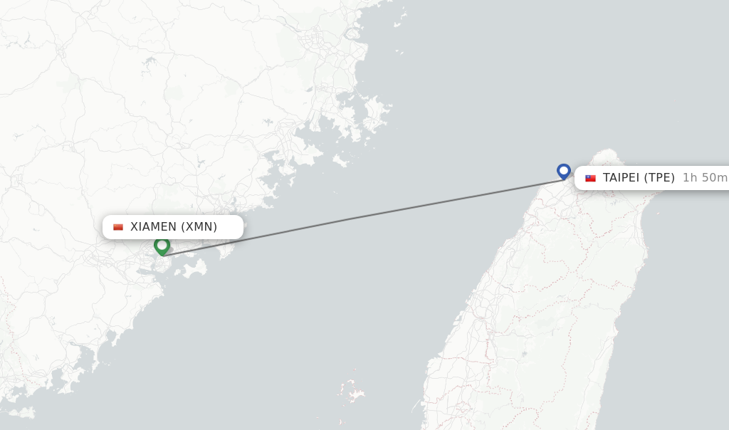Flights from Xiamen to Taipei route map