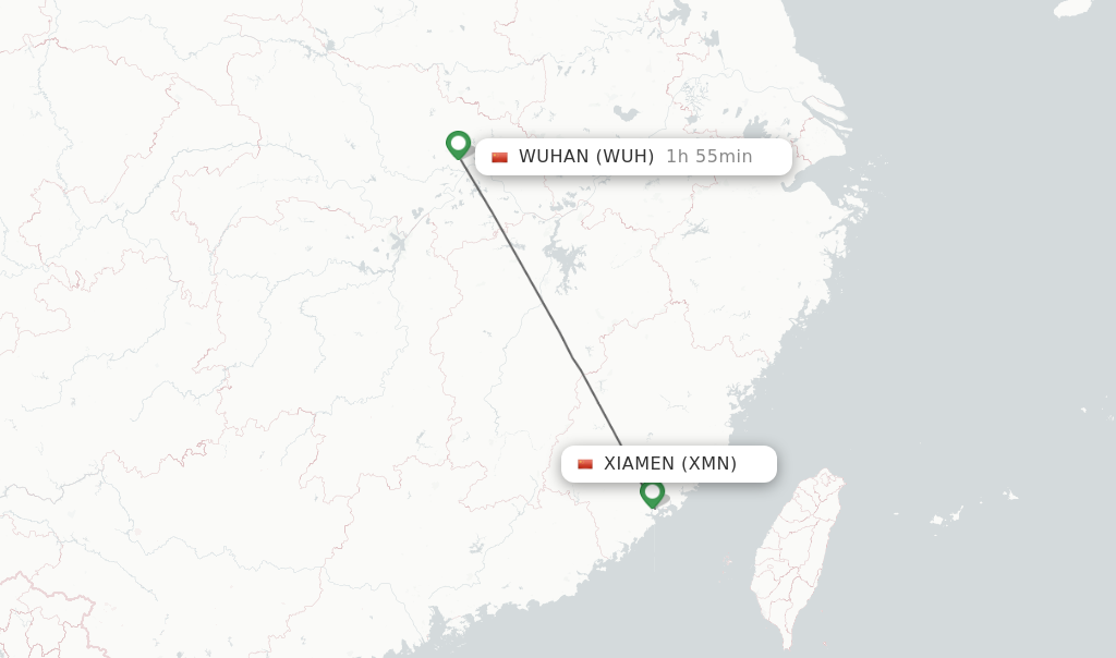Flights from Xiamen to Wuhan route map