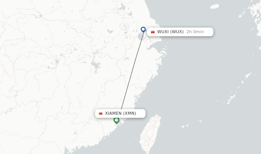 Flights from Xiamen to Wuxi route map