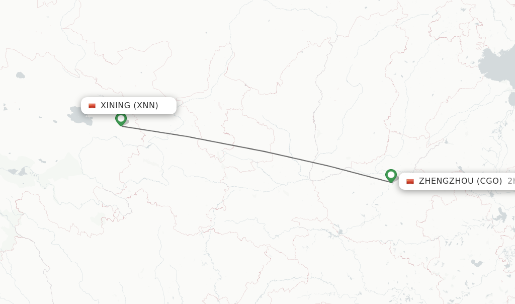 Flights from Xining to Zhengzhou route map