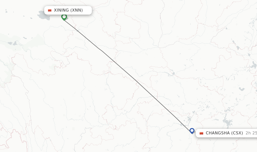 Flights from Xining to Changsha route map