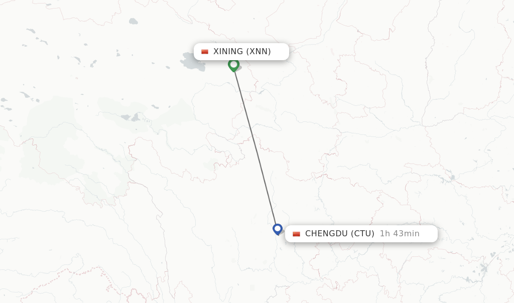 Flights from Xining to Chengdu route map