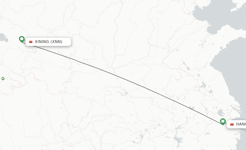 Flights from Xining to Hangzhou route map