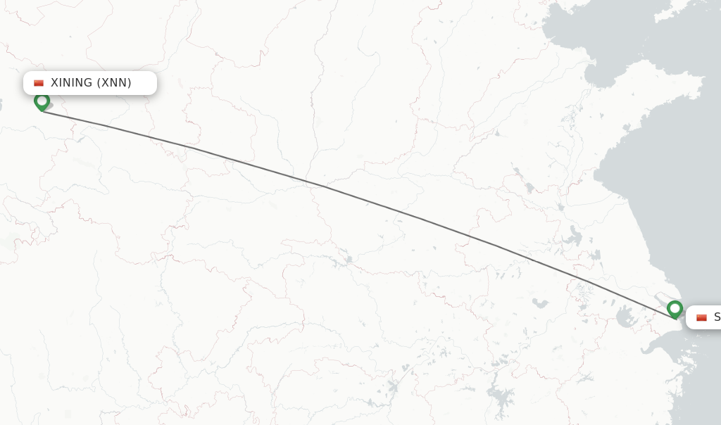 Flights from Xining to Shanghai route map