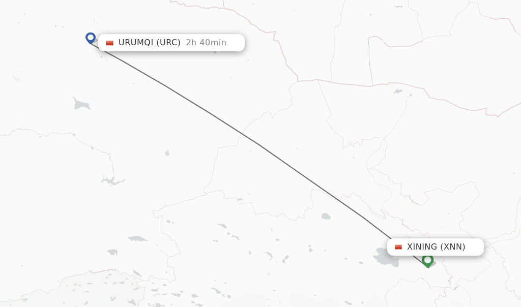 Flights from Xining to Urumqi route map