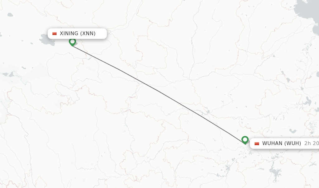 Flights from Xining to Wuhan route map
