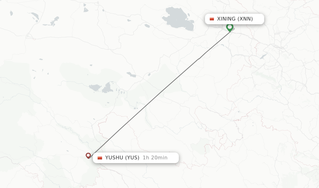 Flights from Xining to Yushu route map