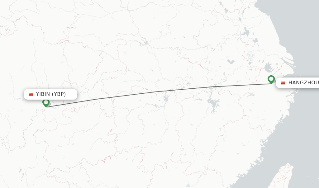 Flights from Yibin to Hangzhou route map