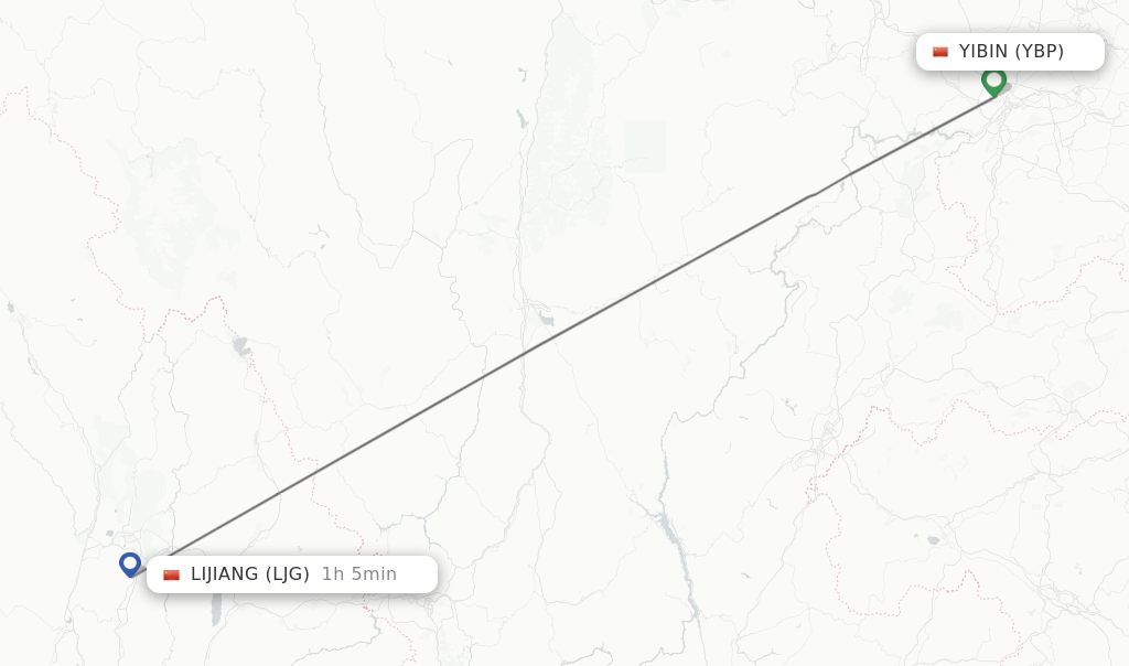 Flights from Yibin to Lijiang route map